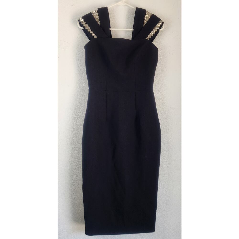 Safiyaa Abrienne Midi Black Dress Size 4 Off Shoulder Crystal Embellishments NWT